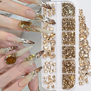 12Grids Light Brown Rhinestones for Fall Nail Art 3D Square Heart Oval Diamond Glass Gemstones DIY Manicure Decorations Supplies