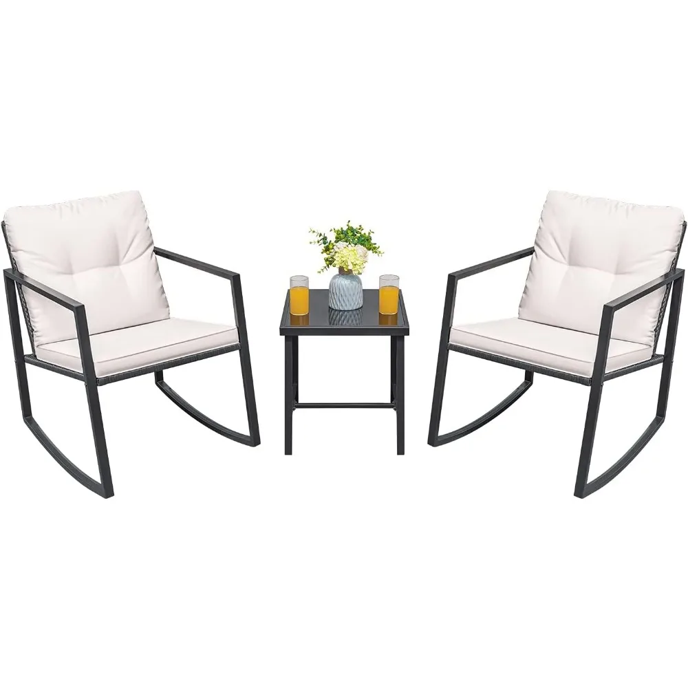 3 Pieces Rocking Wicker Bistro Set, Patio Outdoor Furniture Conversation Sets with Porch Chairs and Glass Coffee Table, Beige 3