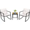 3 Pieces Rocking Wicker Bistro Set, Patio Outdoor Furniture Conversation Sets with Porch Chairs and Glass Coffee Table, Beige 3