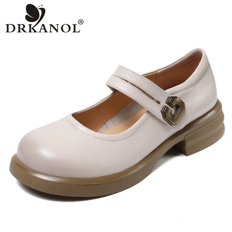 

DRKANOL 2024 Genuine Cow Leather Loafers Women Thick Heel Mary Janes Shoes Shallow Comfort Round Toe Spring Women Casual Shoes
