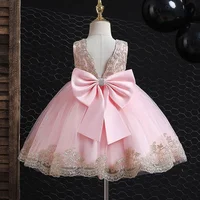 Girl's Embroidered Bow Princess Dress 0-6 Year Old Baby Fashion Lace Open Back Fluffy Dress Birthday Wedding Flower Girl Costume
