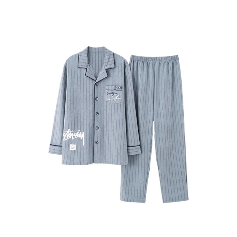 Cotton Pajamas Men Long-Sleeved Lapels Men Comfort Suits Young and Middle-Aged Spring and Autumn Loungewear Plus-Size 2 Piece Set