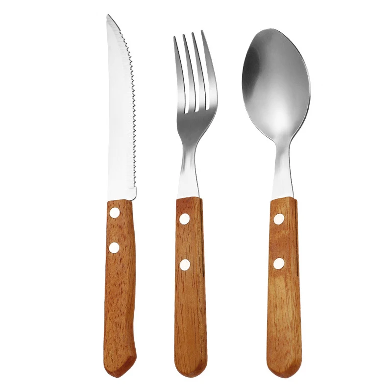 Ahşap Saplı Çatal Bıçak Takımı Ayna 304 Paslanmaz Çelik Sofra Takımı Ahşap Saplı Kaşık Bıçak Çatal Yemek Takımı Mutfak