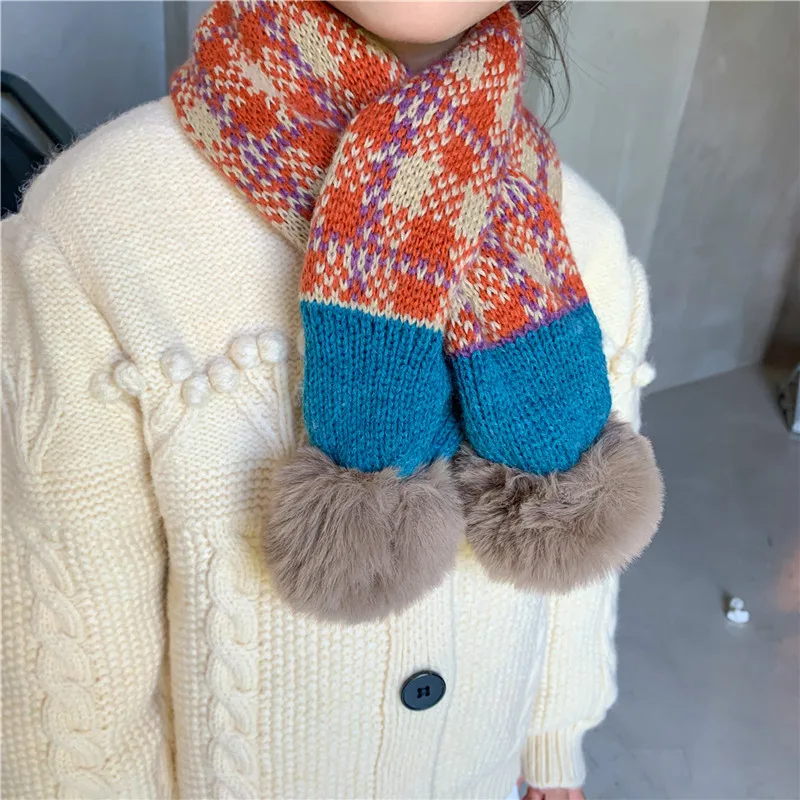 

Korean Style Plaid Children's Pompom Cross Scarf Fashion Knitted Wool Autumn Winter Boys and Girls Baby Warm Knitted Scaves