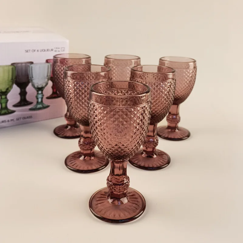 plastic shot glass 6 Pieces Pack 50ml Vintage Embossed Goblet Pressed Shot Glass Cups Set for Wine Spirit Soju Alcohol