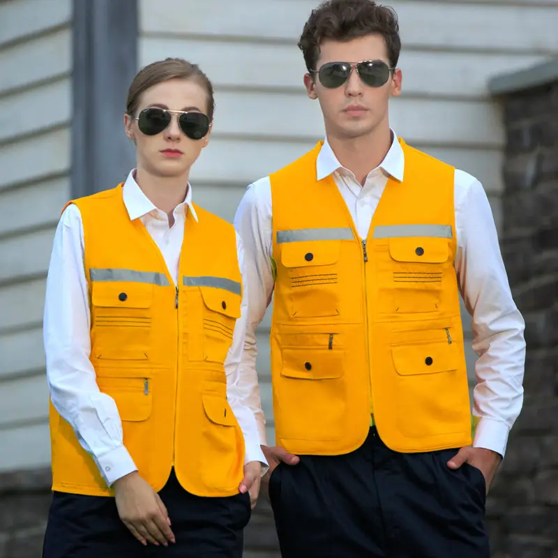 반사 줄무늬가 있는 멀티 포켓 조끼 남자 블랙 폴리코튼 조끼 작업장 유니폼