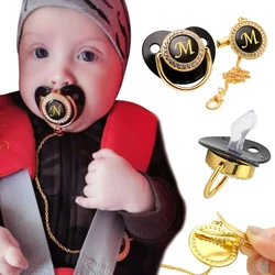 Sucette et Clip avec initiales de nom pour bébé, lettres de l'alphabet de luxe noires et scintillantes, lettres dorées, cadeau de fête pour bébé Unique 