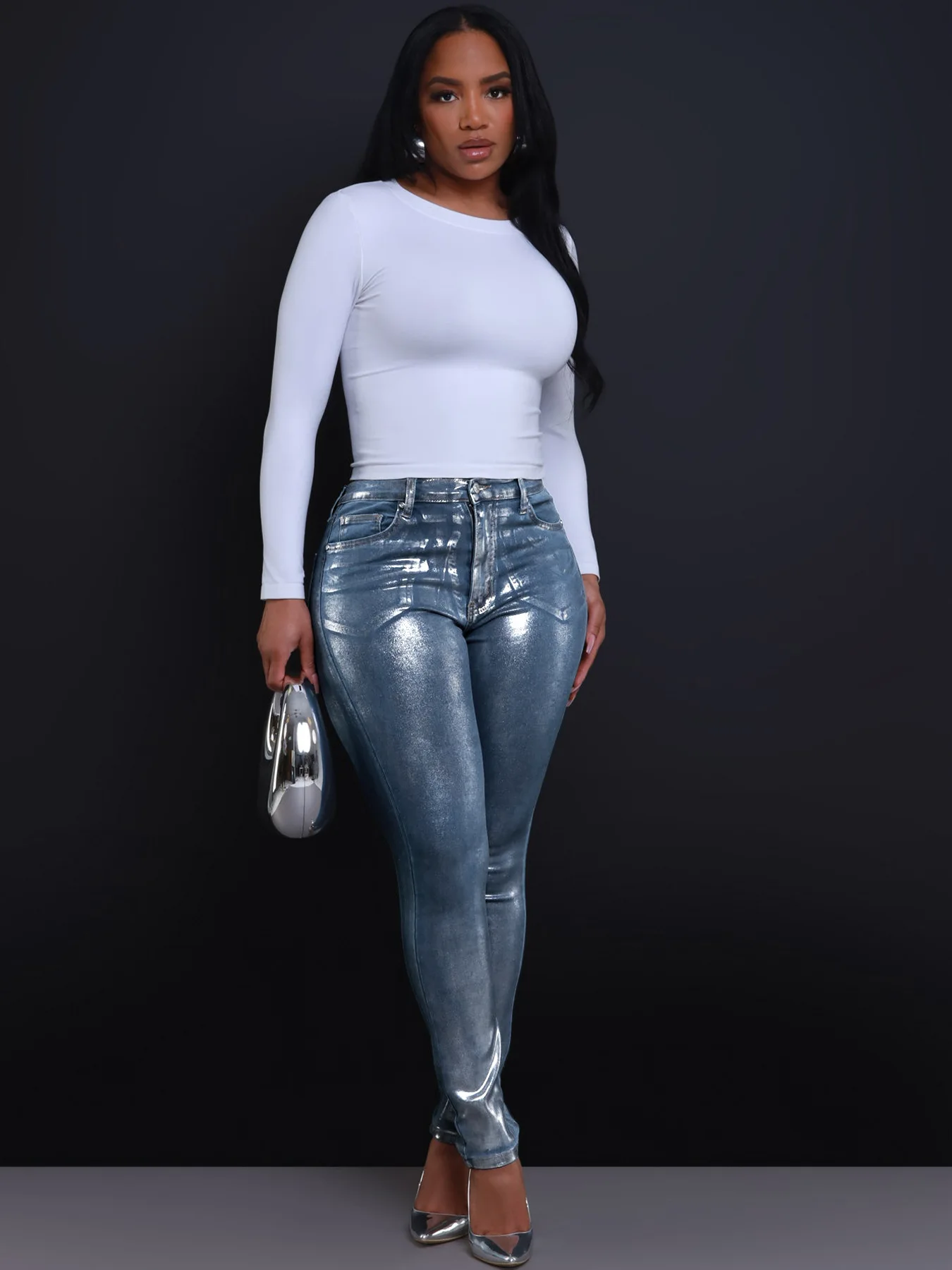 Women'S Jeans Spring Summer Trendy Streetwear Washed Silver Print High Waist Skinny Stretch Denim Pants Casual Jeans Trousers