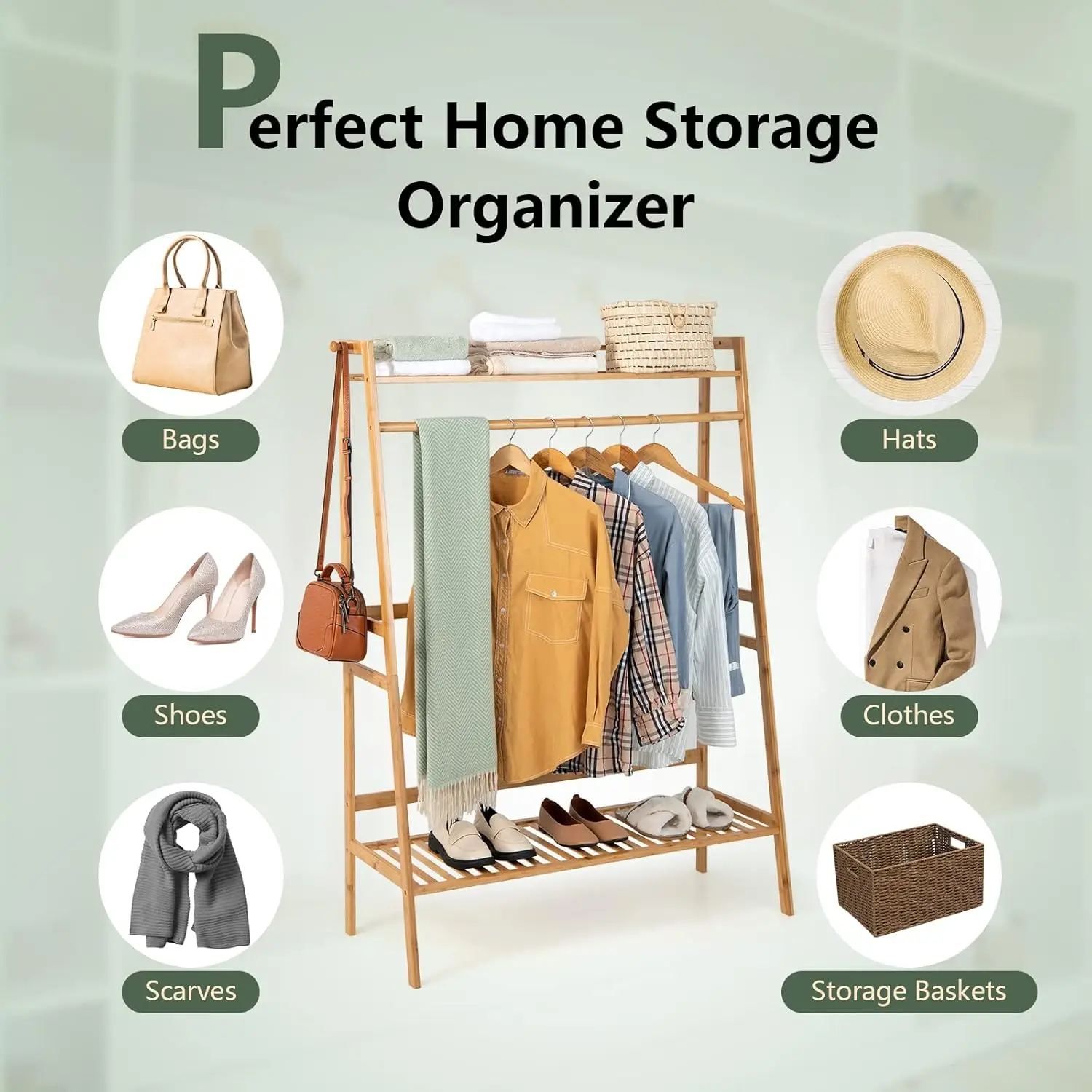 Bamboo Garment Rack, Heavy Duty Clothes Rack w/Top Shelf, Hanging Rod, Shoe Storage Shelf, Side Hooks, Freestanding Coat Rack