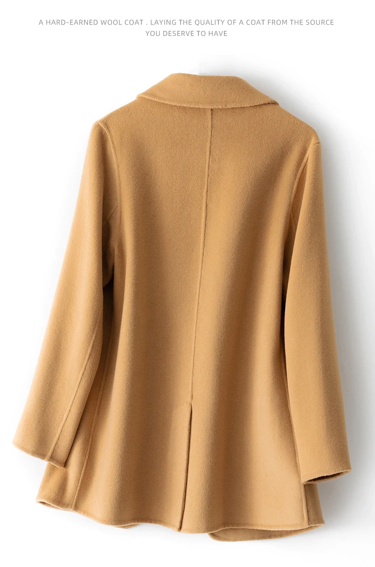 Neuer Damenmantel aus 100 % reiner Wolle mit Karomuster und Tweedst Fashion Camel-Damenmantel, eleganter Trenchcoat – Detail 12