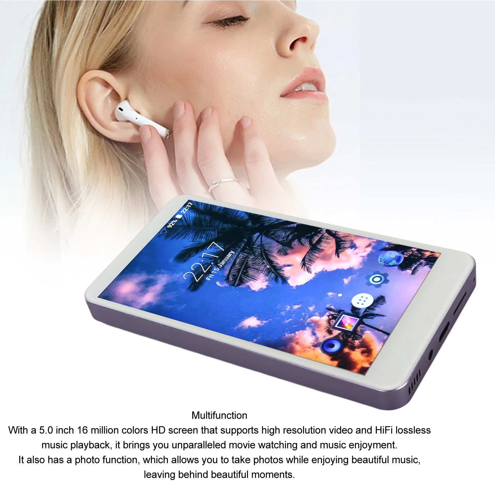 Music Player Noise Reduction MP4 Player 2200mAh 5.0 Inch Full Touch HD Screen Support Photo with Bluetooth and WiFi for Travel