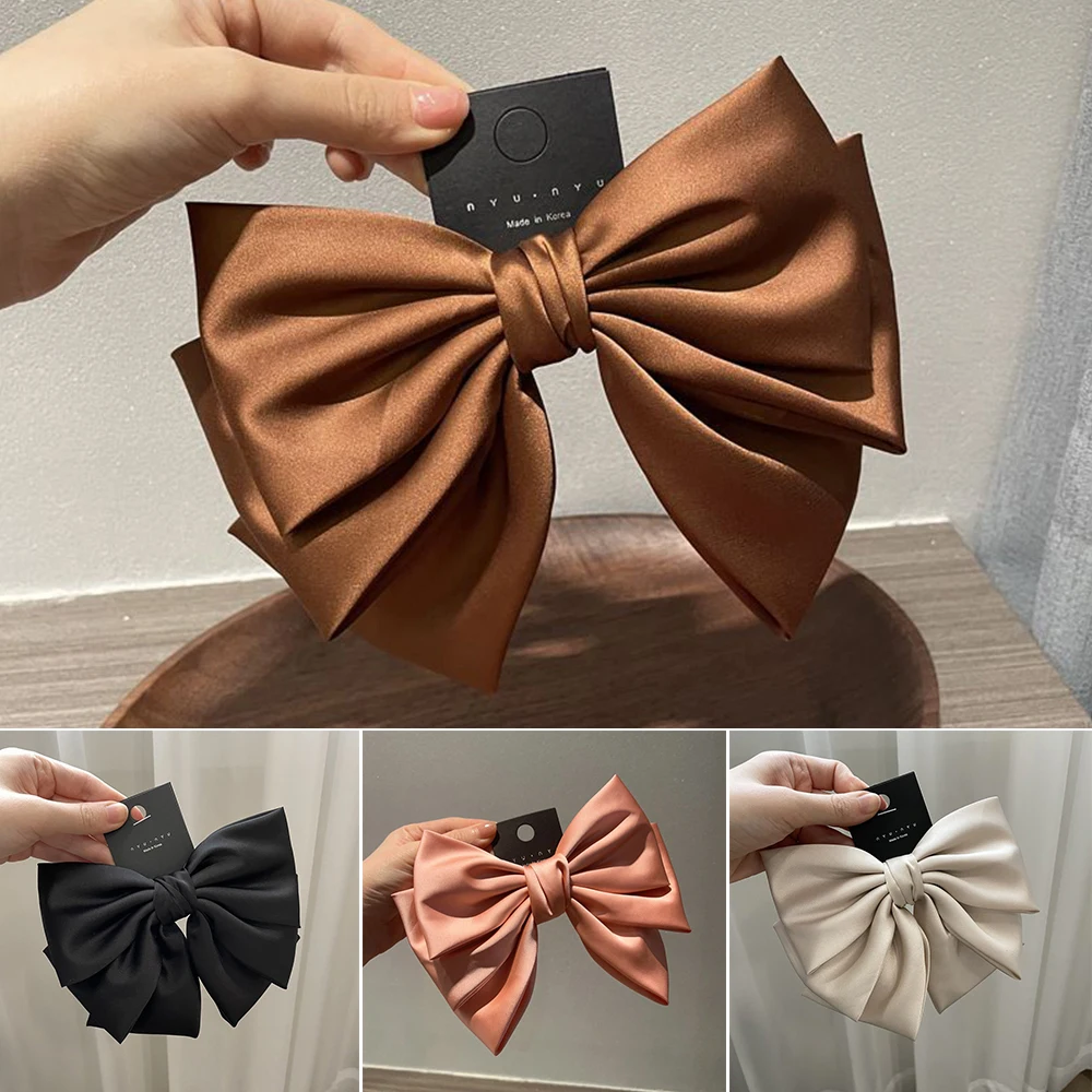 

Vintage Simple Solid Color Korean Fashion Elegant Silky Satin Bow Hairpin Spring Clip Barrettes Large Bowknot Hair Clip Headwear