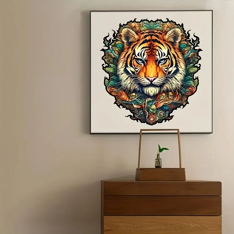 Brave Tiger Wooden Puzzle, Alien Puzzle Toy, Irregular Animal Shaped Wooden Puzzle, Art Deco Painting 2