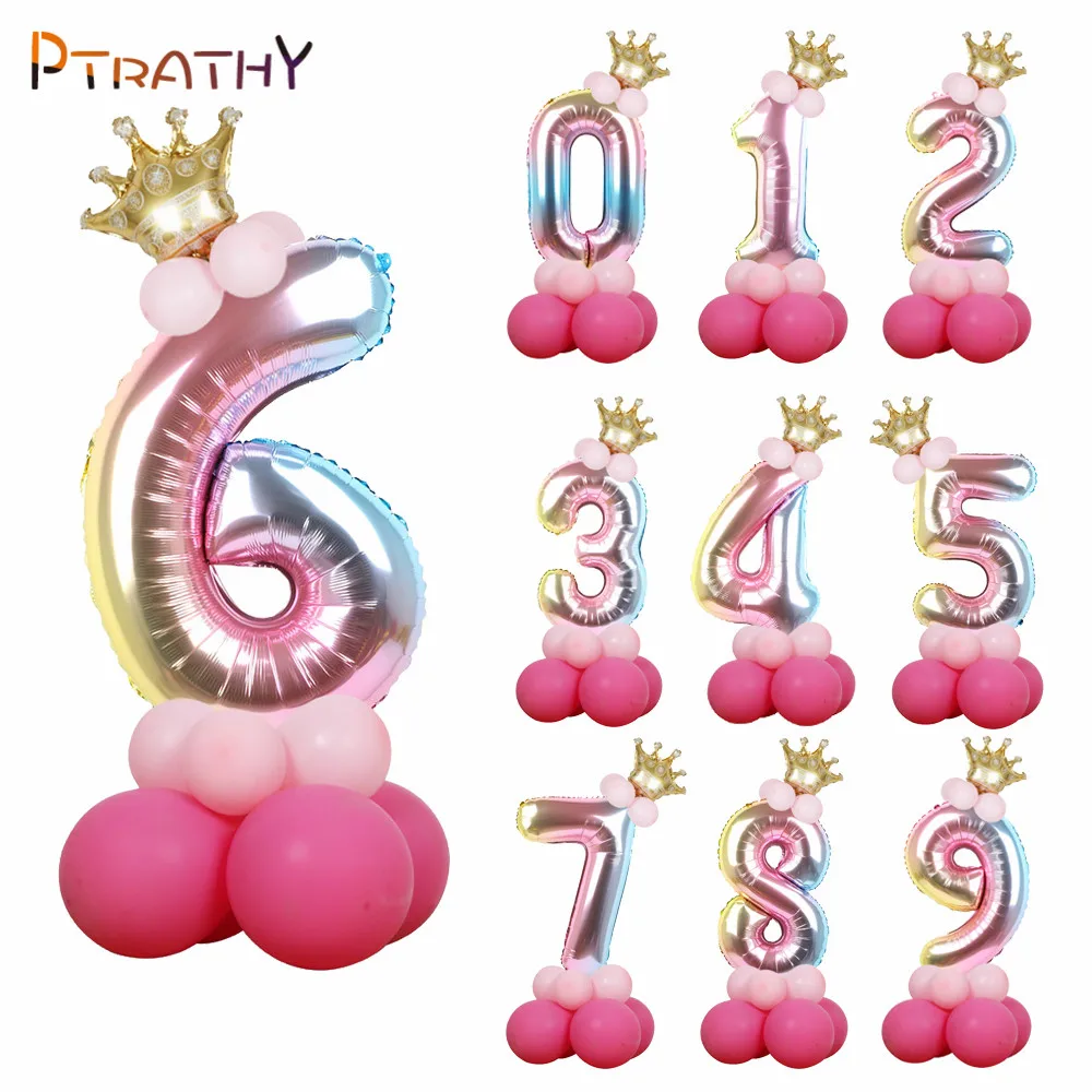 

32inch Gradient Rainbow Number Balloons Princess Gold Crown Baby Shower Party Balloons Happy Birthday Decoration Kids Globos