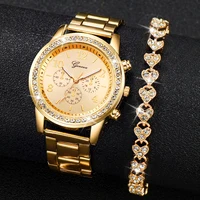 Fashion Women Stainless Steel  Gold Color Quartz Watch & Diamond Bracelet - Image 2
