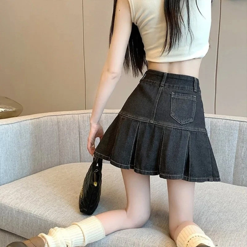 

Vintage Women High Waist Ruffle Pleated Denims Skirt Summer A Line Short Mini Skirt 2024 Casual Blue Jeans Skirt Streetwear