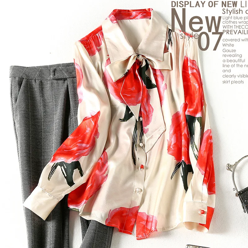 

Birdsky, 1PC Women shirts tops shirt long sleeve top 22MM 95% real mulberry silk 5% polyester floral, S-651