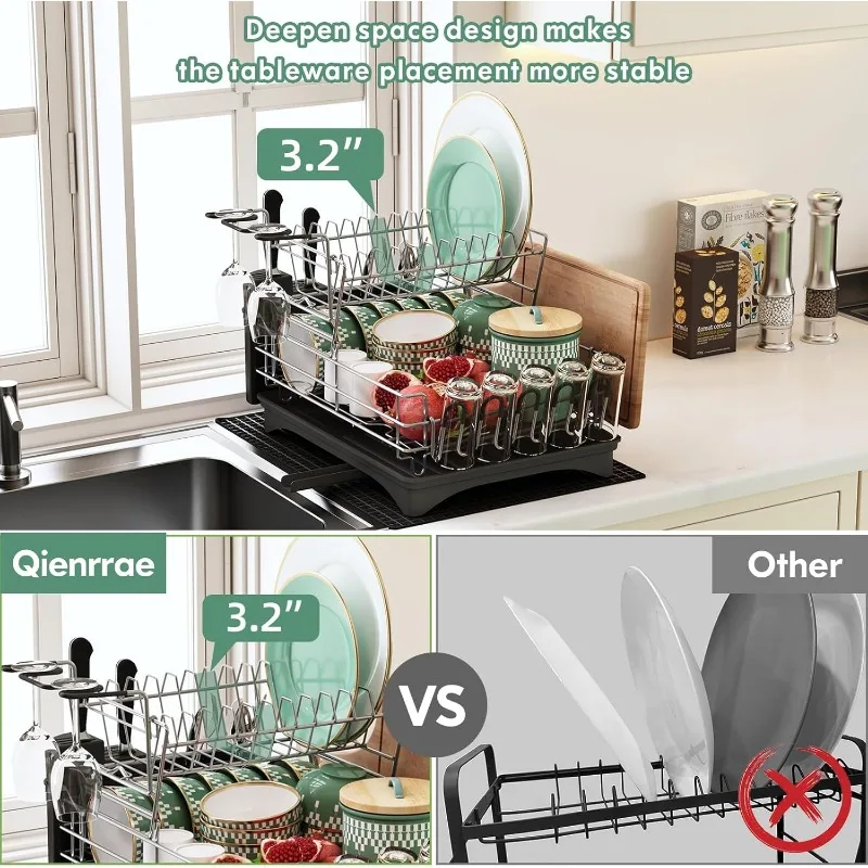 Dish Drying Rack, Large Rack and Drainboard Set with Swivel Spout, Kitchen Counter Wine Glass Holder, Utensil Mat
