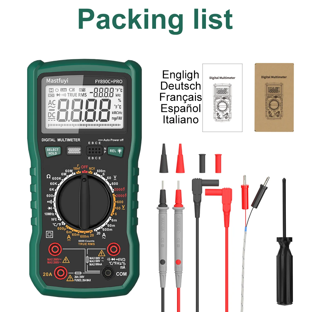 MASTFUYI Digital Multimeter 6000 Count AC/DC 2000V/20A True RMS Temperature Tester for Electrician Photovoltaic Mining