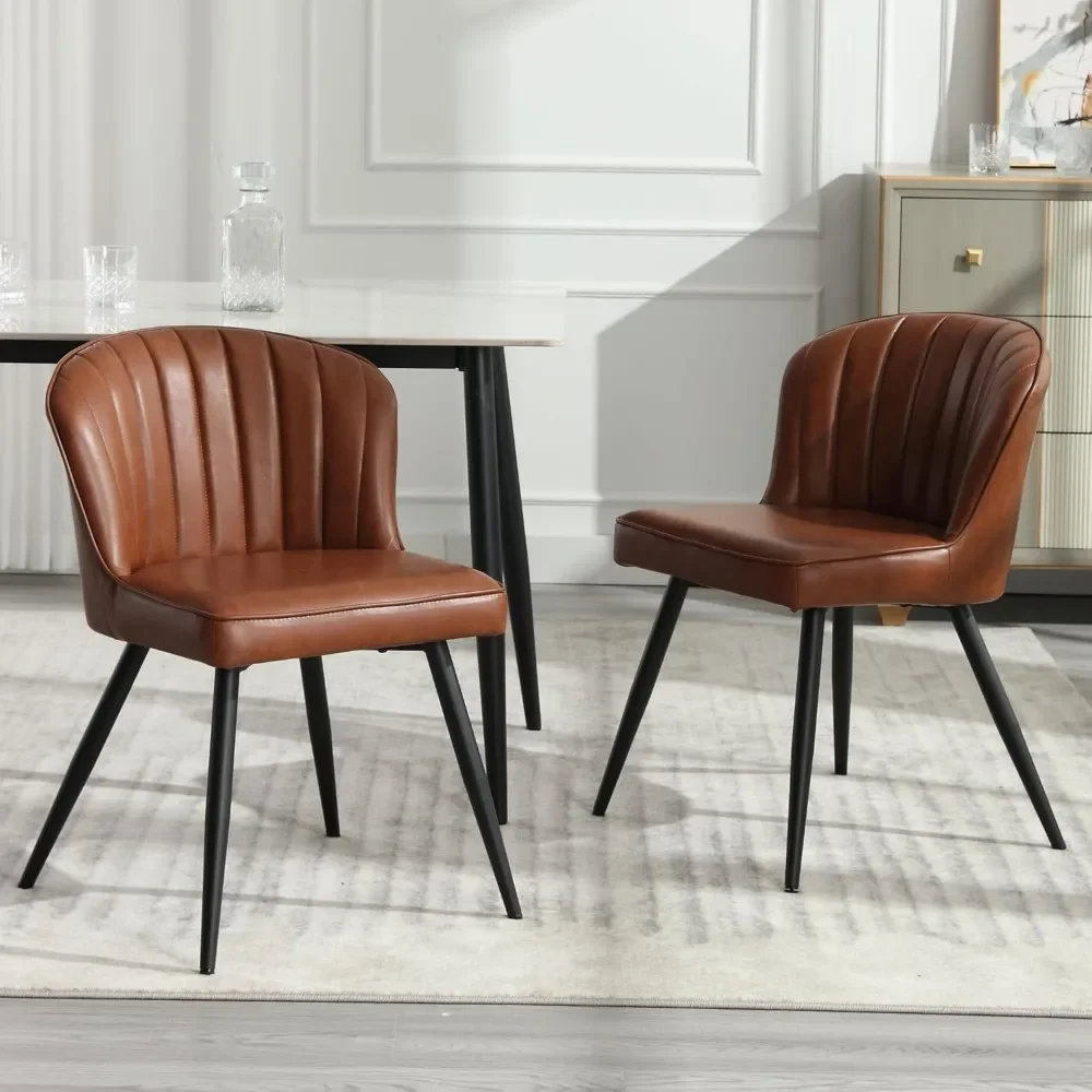Dining Chairs Set of 2, Upholstered Leather Dining Room Chairs with Shell Back, Modern Kitchen with Metal Legs