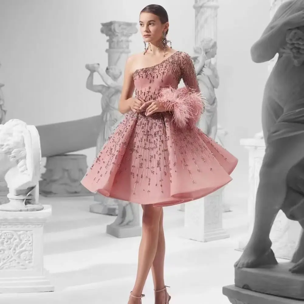 One Shoulder Long Sleeve Feather Organza Beaded Pink Women's Short Dress Summer Wedding Ceremony Cocktail Dress Formal Dresses
