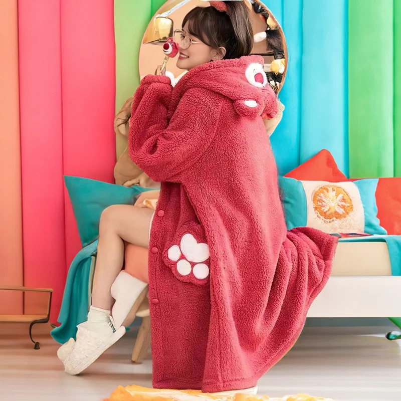 

Women Robes Hooded Single Breasted Thick Winter Pockets Coral Fleece Lounge Sleep Loose Cartoon Print Cute Softness Smooth