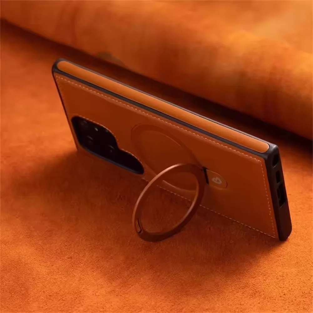 Luxury Magnetic Ring Holder Phone Case with Wireless Charging and Shockproof PU Leather Cover
