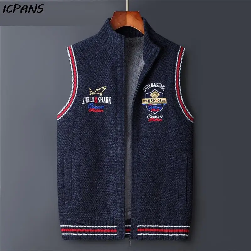 

Sleeveless Vest Sweater Male Shark Knitted Knit wear Clothes Fleece Warm Zipper Winter Cardigan Men Vest Brand 2022