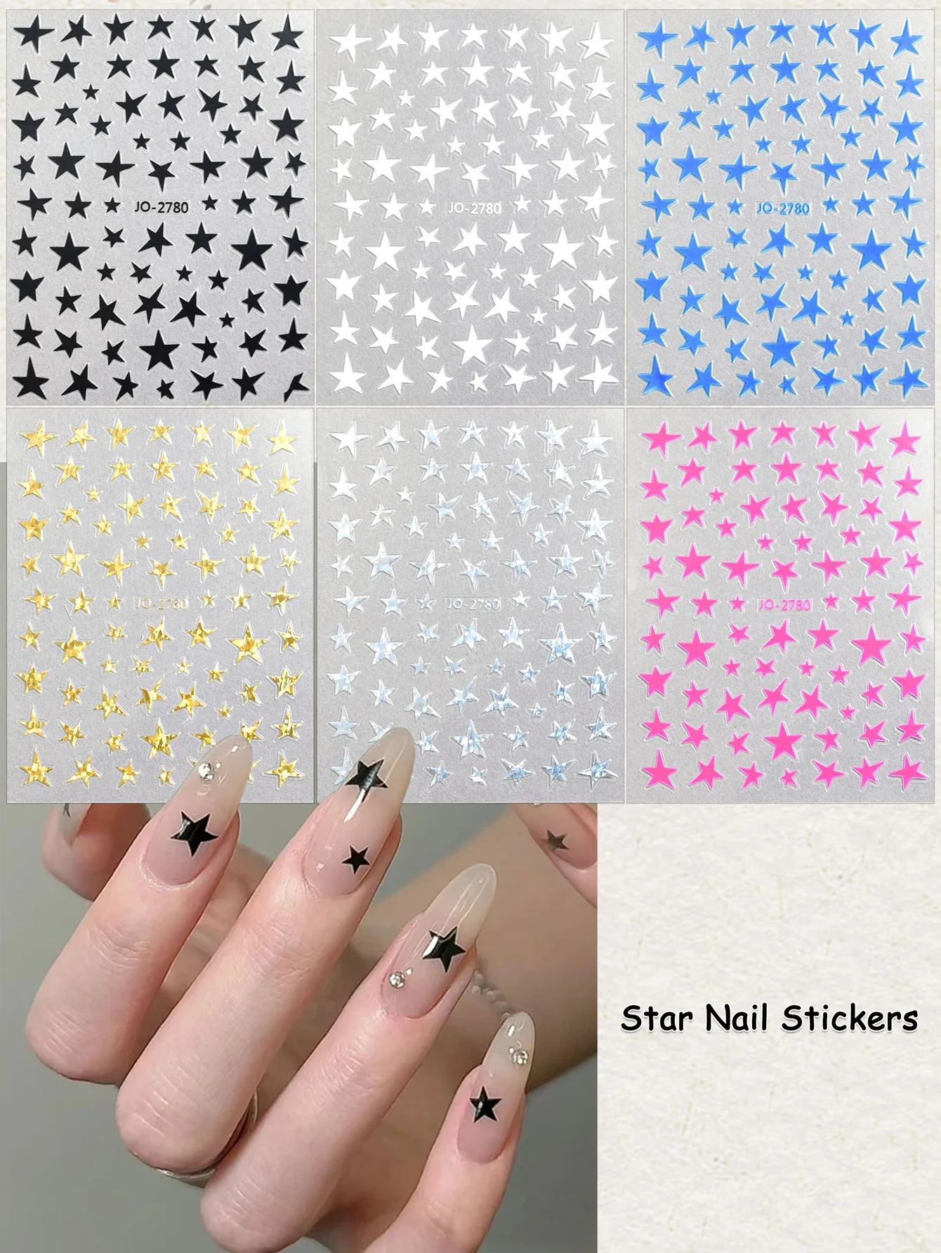 3/6/12 시트 스타 네일 아트 스티커 메탈릭 블랙 골드 실버 핑크 블루 DIY 셀프 접착 네일 데칼 매니큐어 장