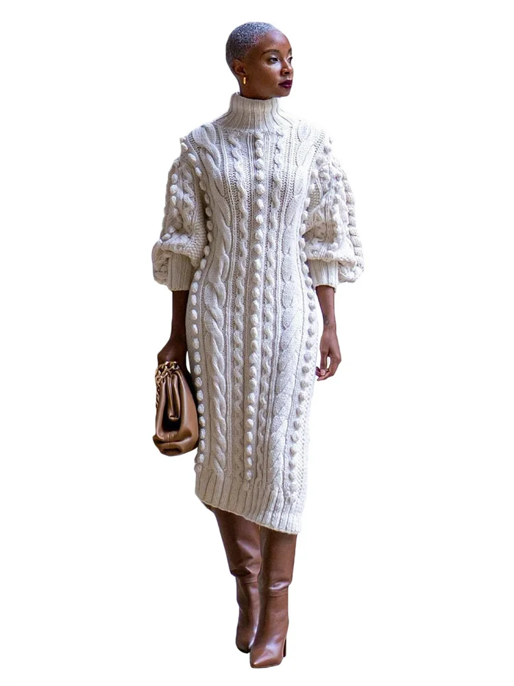 Wmstar 2024 Winter Women's Casual Pullover Long Sleeve High Neck Slit Knitted Good Quality Long Dresses Wholesale Dropshipping