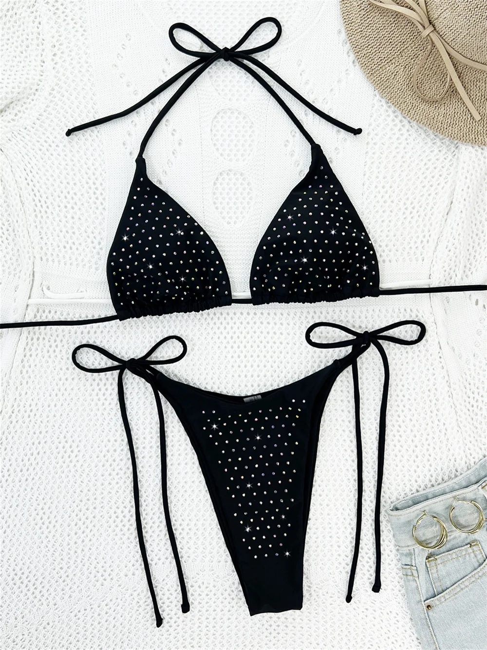 Sexy Shiny Rhinestone Bikini Extreme String Triangle Swimsuit Push Up Women Backless Swimwears Beachwear Elegant Vacation Outfit