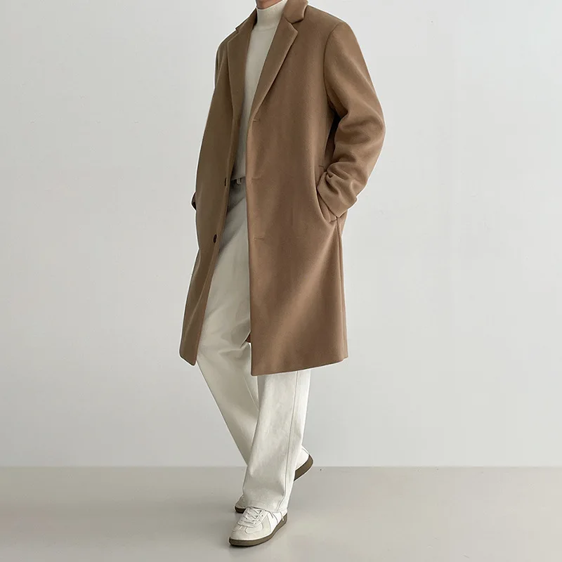 Men's Woolen Coat Medium Length Autumn and Winter Korean Version Loose British Style Thickened Woolen Trench Coat