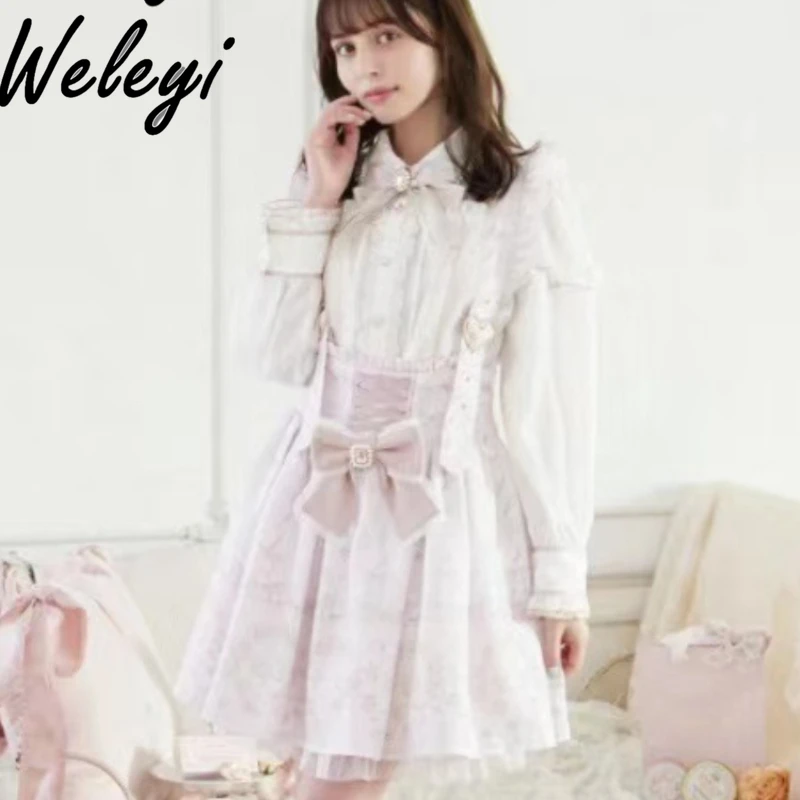 Sweet Japan Style Lolita Women's Strap Skirt 2024 Spring New Ribbon Bow with Diamond Heart Button Detachable Printed Slip Skirts inqmega outdoor solar camera 4g sim wifi wireless security detachable solar cam video surveillance with fooldlight