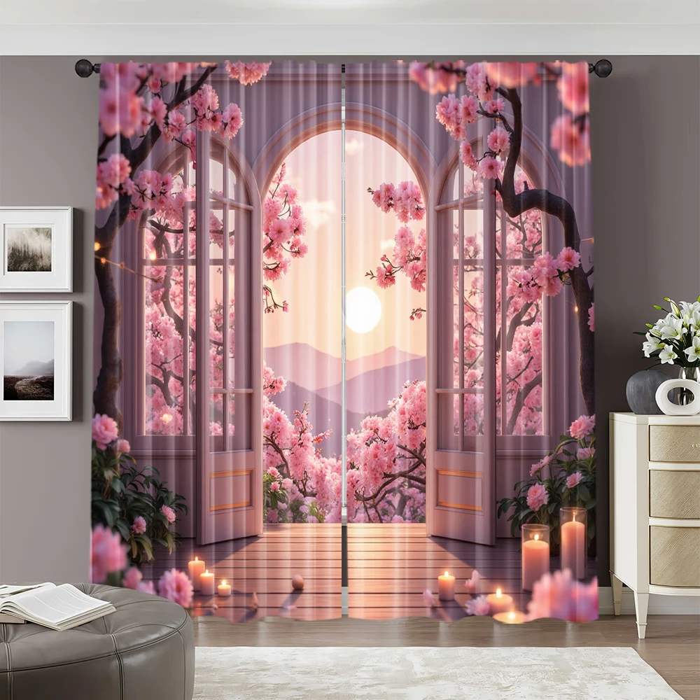 2pcs, spring summer Curtains Spring Flowers Romantic Scenery Prints Light Filtering Curtains Versatile Polyester Fabric Festive 2