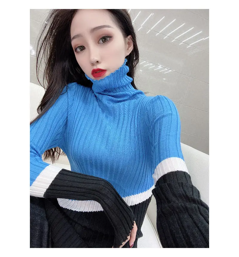 Stylish Turtleneck Knitted Spliced Loose Color Sweater Pullovers royal blue