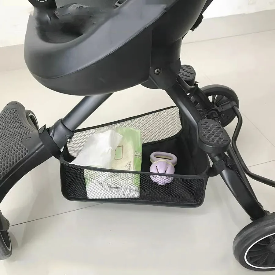 Sac de rangement inférieur pour poussette, panier de rangement universel en maille tridimensionnelle pour jouets en tissu avec planche rigide, accessoires de poussette