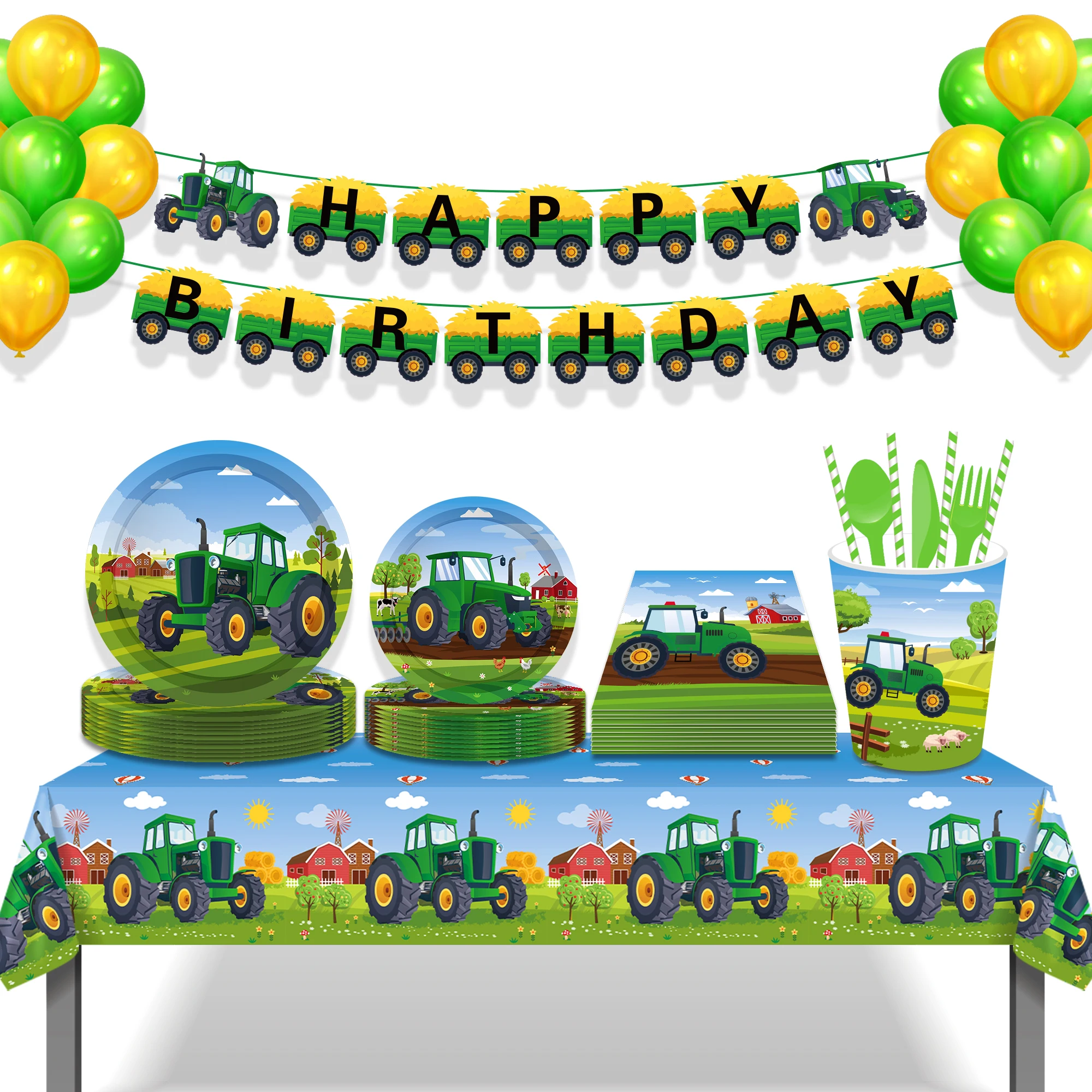 

Green Tractor Party Decoration Paper Cup Plate Napkin Tablecloth Truck Vehicle Excavator for Kids Boys Birthday Party Supplies
