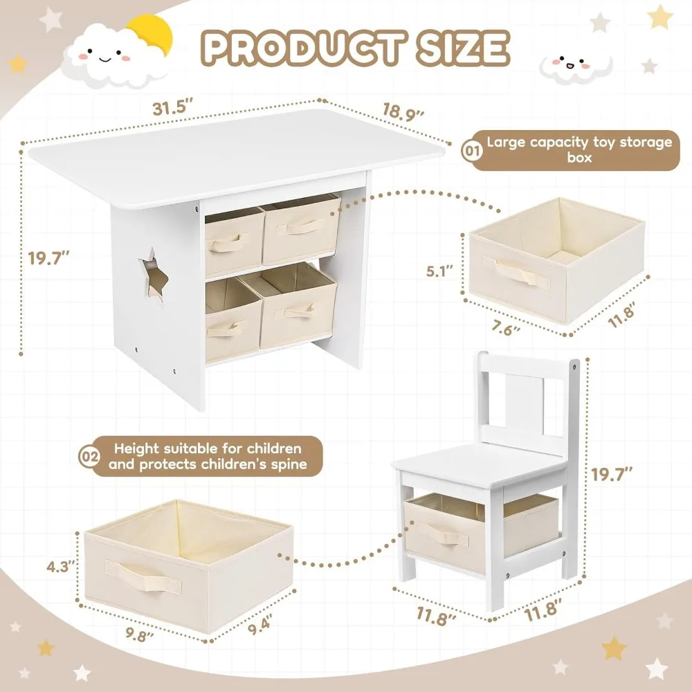 Kids Table and Chair Set (2 Chairs Included), Wooden Toddler Table and Chairs Set with 6 Storage Bins Boxes,Water Resistant 4