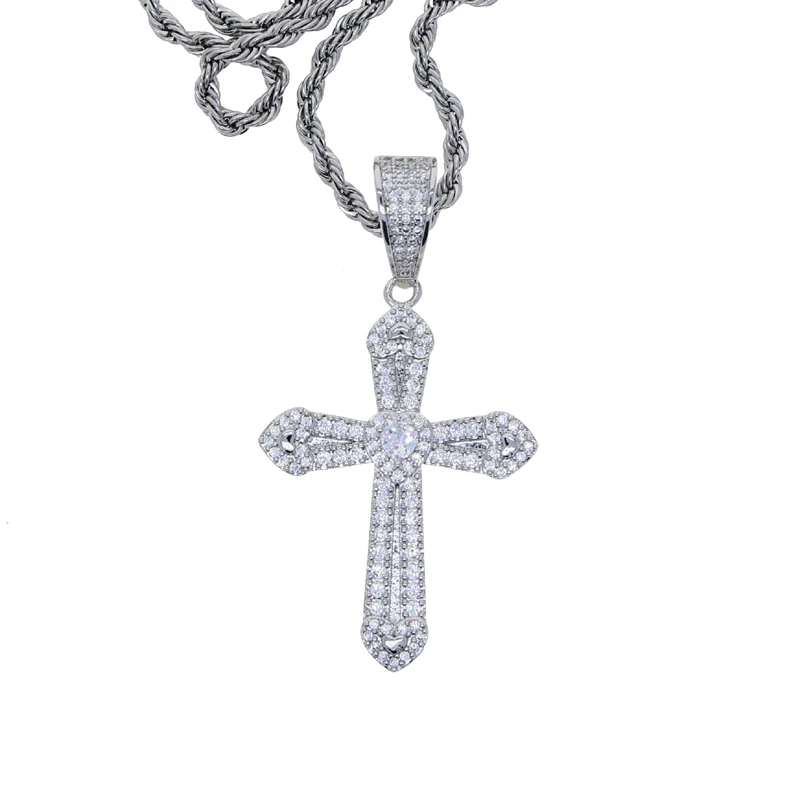 Bling 5A Cz Heart Shaped Iced Out Cross Necklace for Women Prong