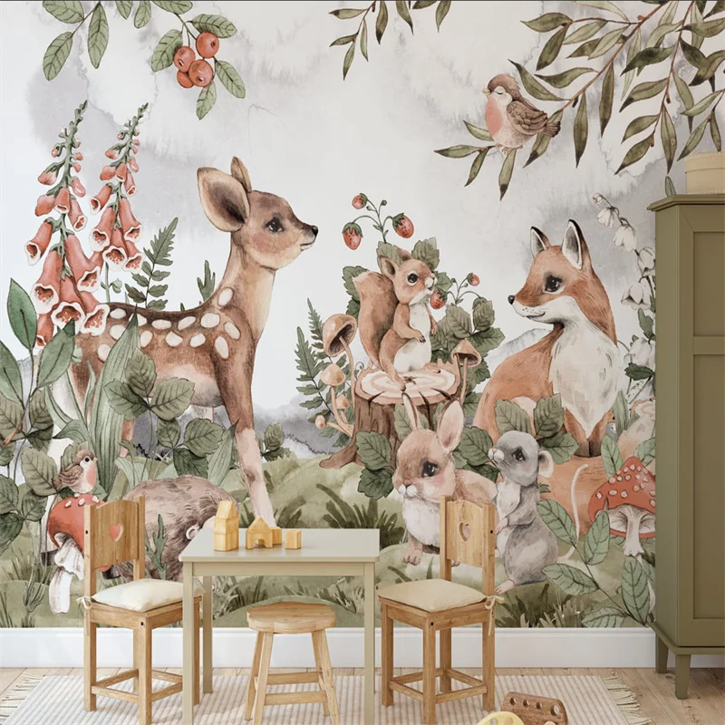 

Custom Hand-painted Jungle Animal Wall Paper 3D Children's Room Decor Background Mural Wallpaper Sika Deer Papel De Parede 3d