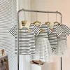 Family Matching Outfits Short Sleeves Baby Girl Boy Bodysuit Striped Mother Dad Son Daughter Parent-child Pullover Tee H1212 5