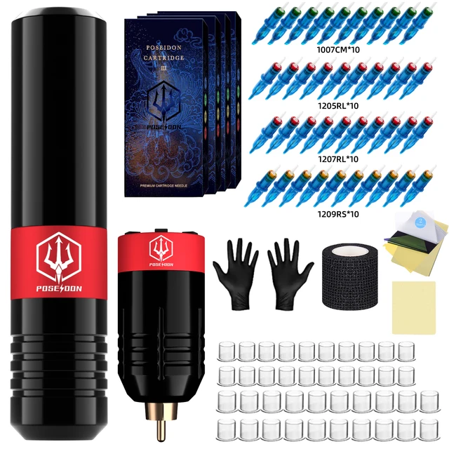 Tattoo Pen Kit - POSEIDON Wireless Tattoo Machine Kit, Tattoo Gun Kit with  Tattoo Power Supply and 40 Pcs Tattoo Cartridge Needles, Complete Tattoo