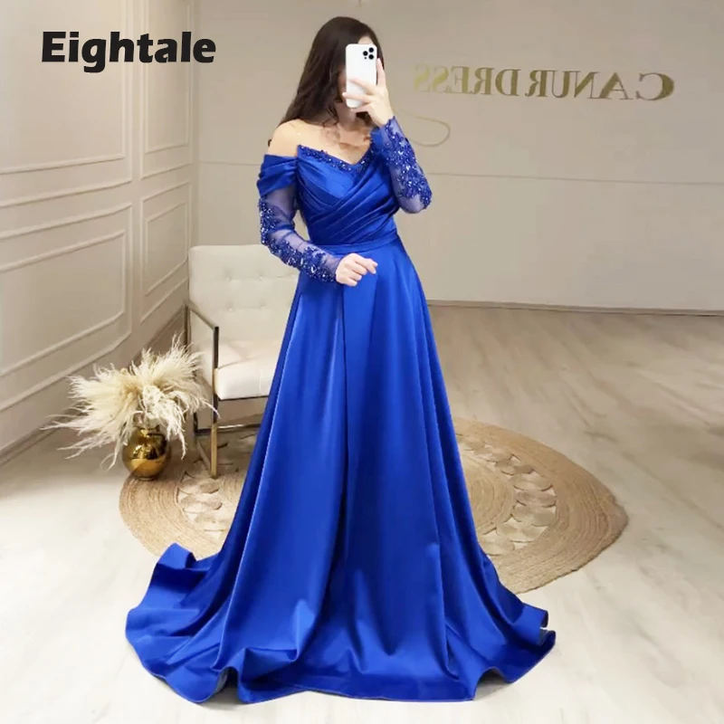 

Eightale Evening Dress V-Neck Satin Beaded Appliques Off Shoulder Long Sleeves A-Line Arabic Prom Gowns Wedding Party