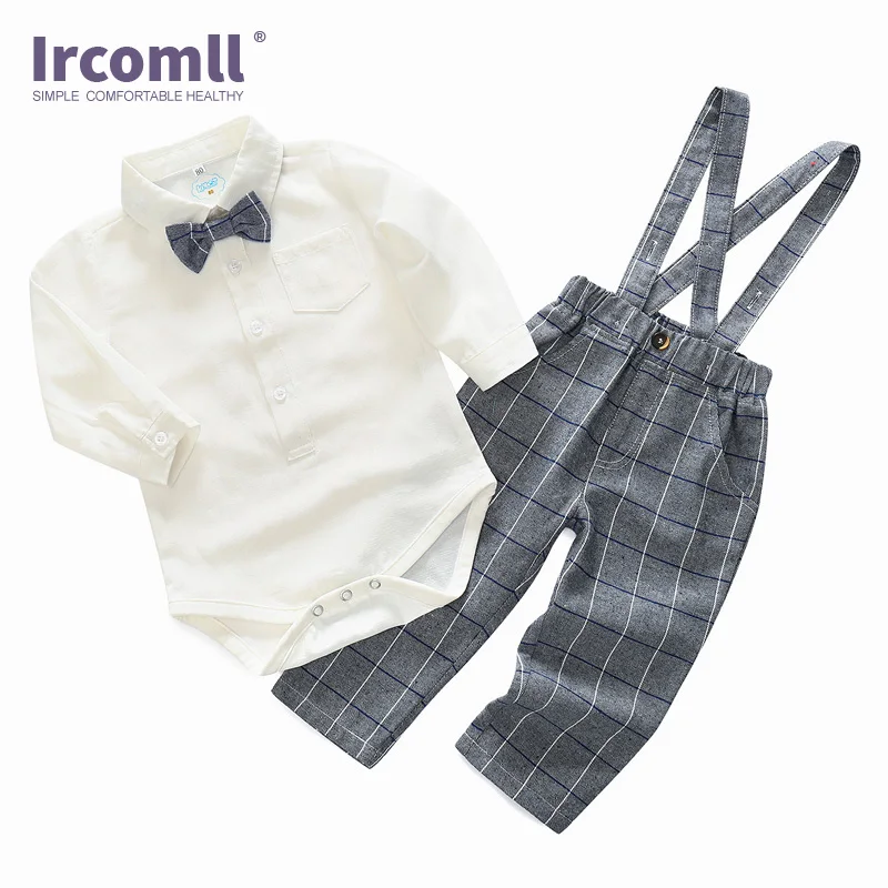 

Ircomll Newest Spring Baby Boy Clothing Set England Style Gentleman Suit Long Sleeve Bow Tie Shirt Bodysuit + Lattices Ovearalls