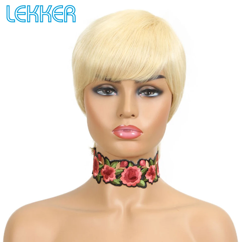 레커 숏 픽시컷 100% 인모 가발 여성용 브라질 레미 헤어 풀 머신 메이드 클리어런스 웨어 투 고 613 블론드 가발