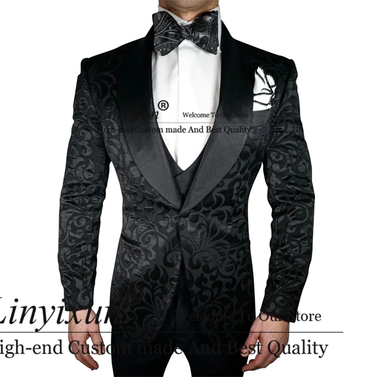 

Fashion Black Floral Men Suits Shawl Lapel Groom Wedding Tuxedo 3 Pieces Sets Bridegroom Prom Blazers Slim Fit Costume Homme