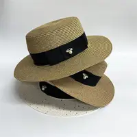 Ladies Sun Boater Flat Hats Small Bee Sequins Straw Hat Retro Gold Braided Hat Female Sunshade Shine Flat Cap RH 6