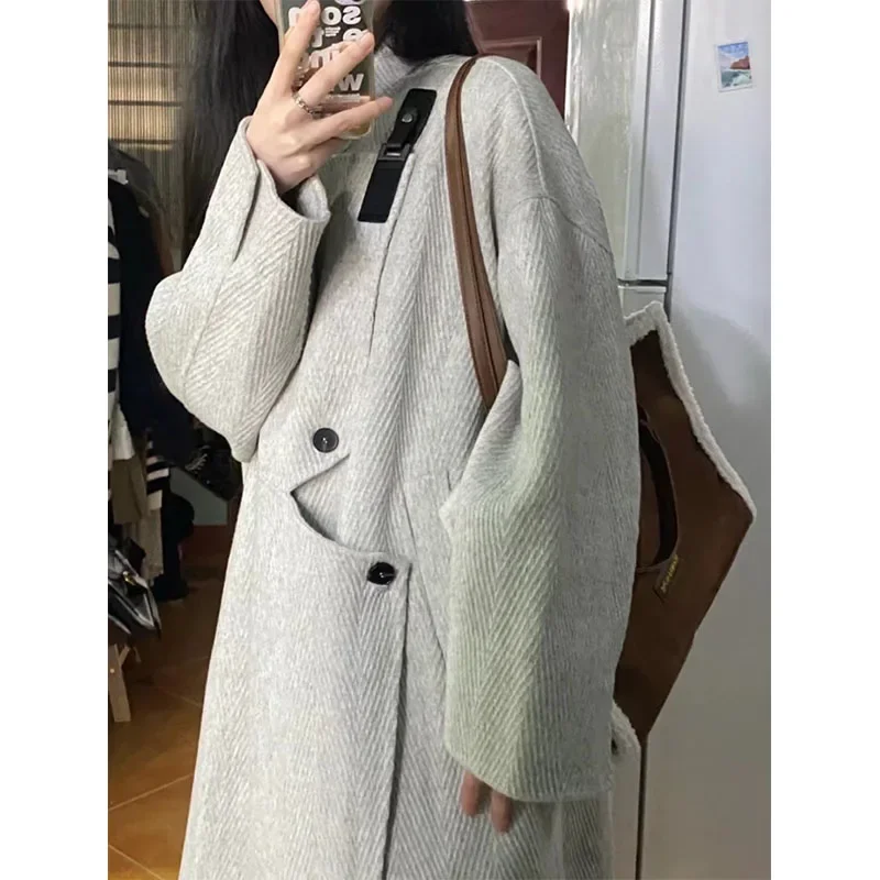 

Gray Woolen Coat for Women Autumn and Winter Thickened Woolen Coat