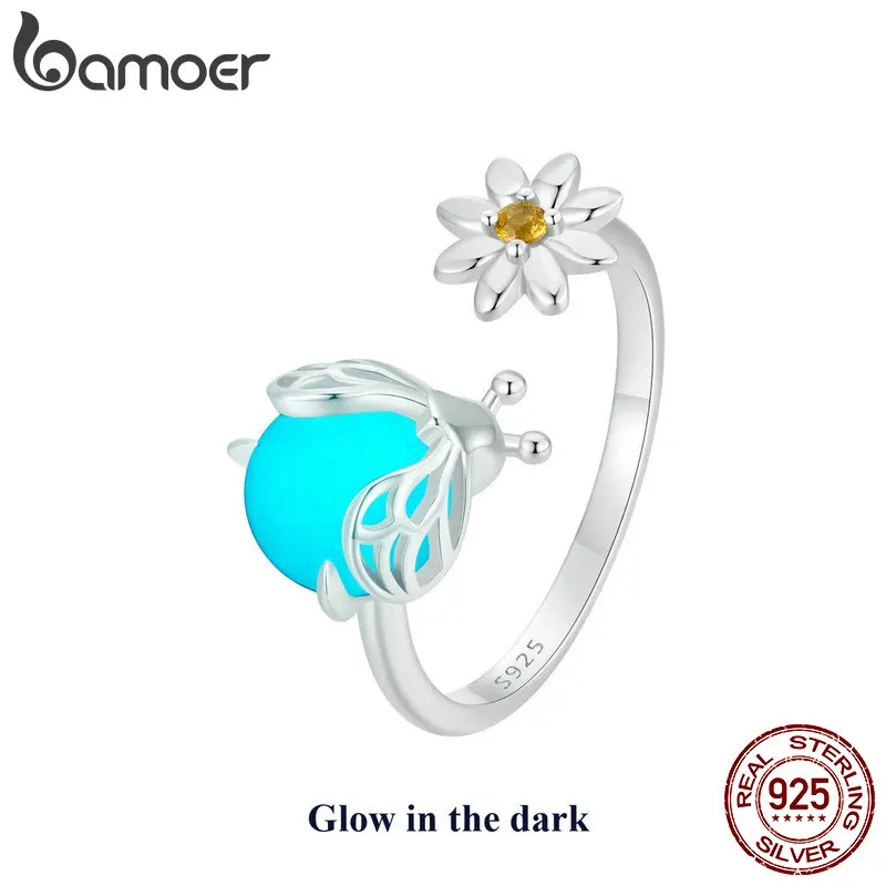 

BAMOER 925 Sterling Silver Luminous Firefly Opening Ring Daisy Flower Stackable Glow In the Dark Band For women Party Jewelry