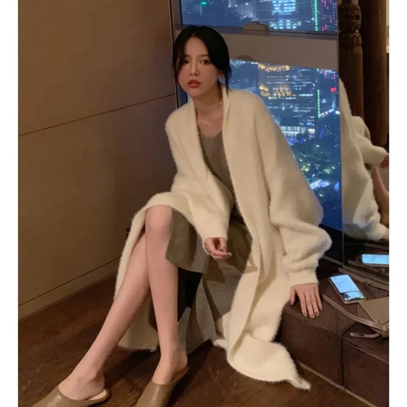여성용 인조 밍크 캐시미어 가디건, 가을 겨울 의류, 부드럽고 느슨한 레이지 롱 코트, 두껍고 따뜻한 니트 스웨터, 겉옷